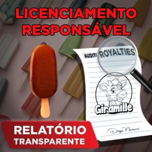 imagem com fundo marrom mostra imagem de sorvete e o texto licenciamento responsável, mostrando a falta de responsabilidade e a sonegação de royalties de algumas empresas para a marca Giramille