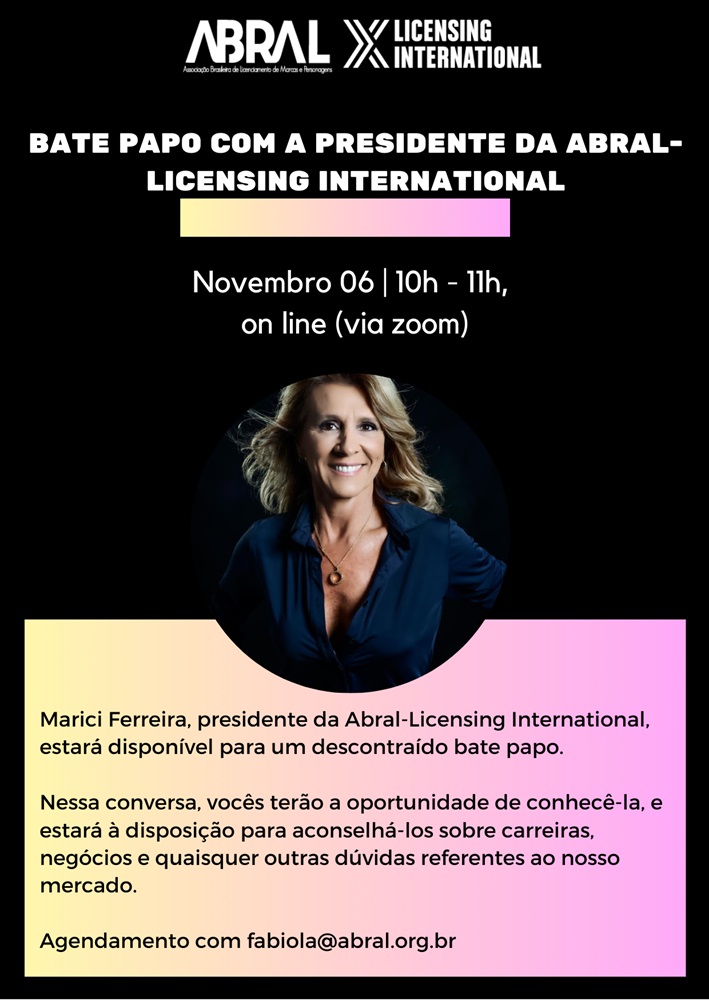 Card em fundo preto com imagem de Marici Ferreira, mulher branca de cabelos castanhos claros usando blusa de gola preta, convida para o webinar bate-papo com a presidente